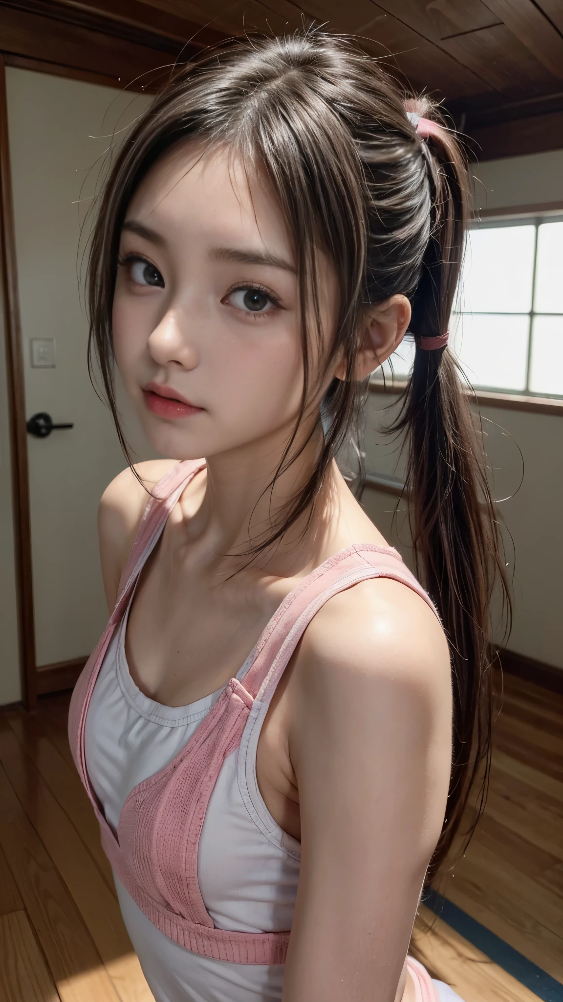 女の子1人、Whole human body、Female around 22 years old、Idol、Small、hairstyle on（black har、a side ponytail、One knot）、camisole（Underwear flickering）、mini-skirts、a photo、realisticlying、Best quality、adopt、detailed faces、Slouch、depth of ﬁeld、Bokeh