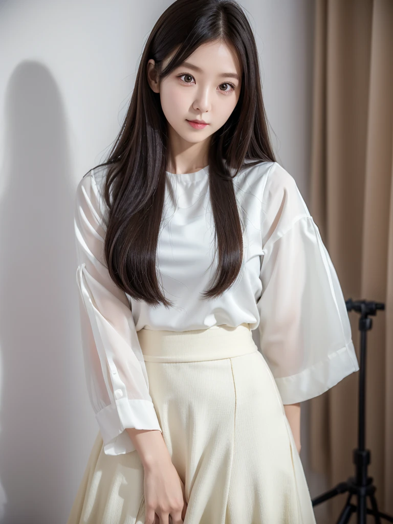 White Room、Black mid-length skirt、blouse、(Highest quality)、((Very detailed))、4K、(8K)、masterpiece、Very detailedな、Highest quality、Super Resolution、1 person、Kind Face、Soft Light、RAW quality、Soft Skin、163cm