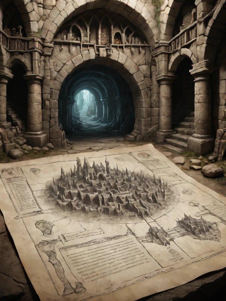 first person perspective looking at a diagram of a fantasy dungeon, traditional media, fantasy parchment, held, hands, anime screengrab, csu, cross-section, from the side, underground, burrow, fantasy landscape, national geographic, best quality, masterpiece,