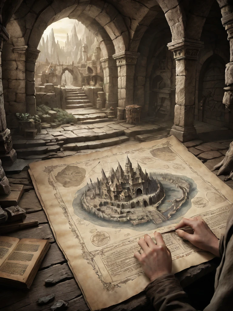 first person perspective looking at a diagram of a fantasy dungeon, traditional media, fantasy parchment, held, hands, anime screengrab, csu, cross-section, from the side, underground, burrow, fantasy landscape, national geographic, best quality, masterpiece,