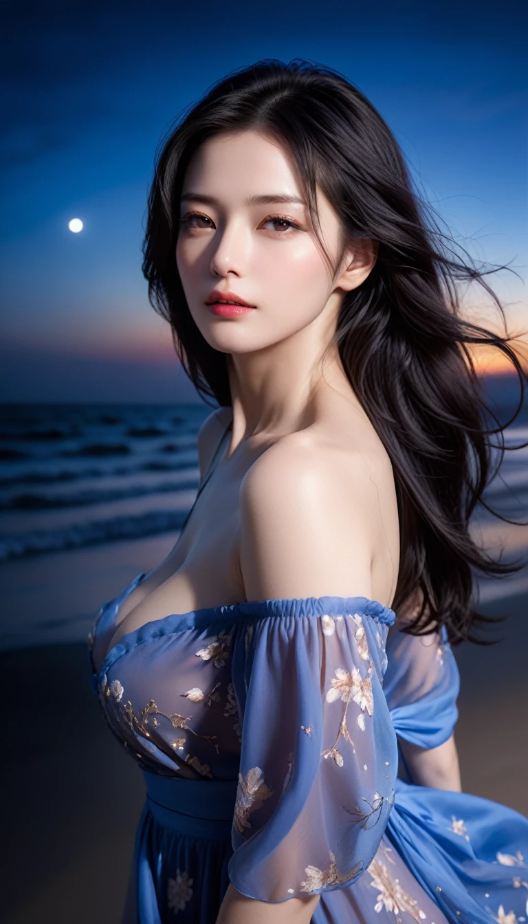 4K resolution, 8K resolution, beautiful, Highest quality, Absolutely wonderful, Very detailed, Ultra-high resolution, masterpiece, RAW Photos, Realistic, Depth of written boundary, Cinematic Light, 
One elegant mature woman, 
Long black hair, 精巧なディテールのbeautiful顔, Sensual look, Heavy eye make-up, Transparent white skin, Very sensitive skin, Great proportions, Glamorous Body, Anatomically correct body, 
Beach Dresses, Summery design, Beautifully detailed pattern, Detailed cloth texture, 
(Night sky background:1.1), (Dark sandy beach at night:1.1),
Cinematic Angle, 