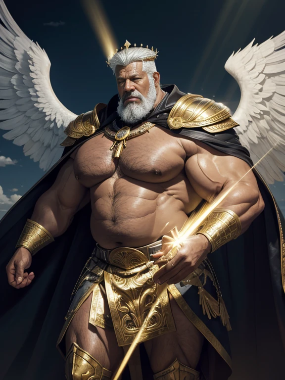 Hyperrealistic image of an elderly holy martyr warrior over 79 years old African American superhero angel with rays of light coming out of his body with two black wings spread with gray hair and a crown of thorns and a halo of light with rays of light on his super head heavy and very fat and very handsome bodybuilder with huge flabby pecs and very sweaty big pointy nipples in a sky of very white clouds dressed only in a leather and gold Roman skirt and a cape.