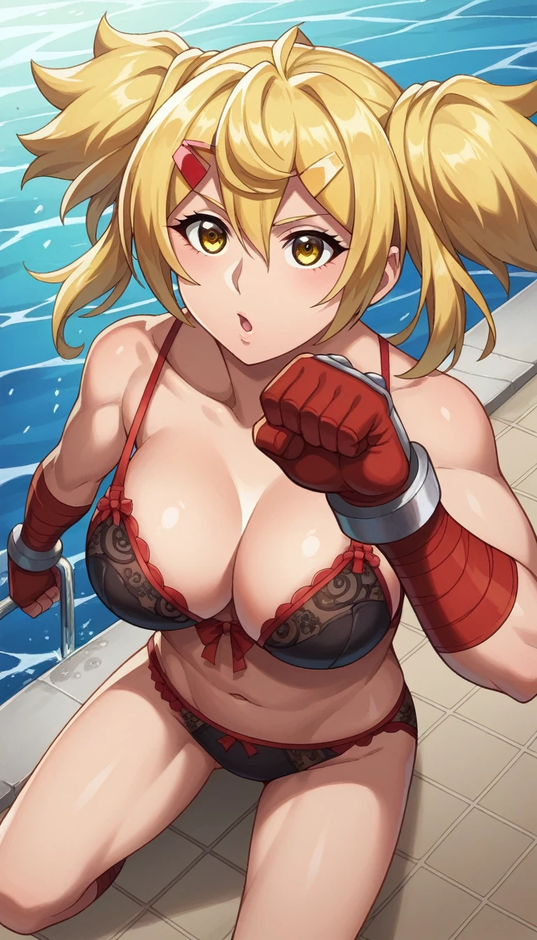 score_9, score_8_above, score_7_above, fountain_cheered up,
OiKatzo, yellow eyes, 1 girl, by rubio, hair between the eyes, hair ornament, hits, Alone, short two tails, two tails, Hair clip, incoming blow, fighting stance, 
?????????????, clenched hand, punching, ???????????, Sales, Gloves without fingers, thigh gap, raised fist,