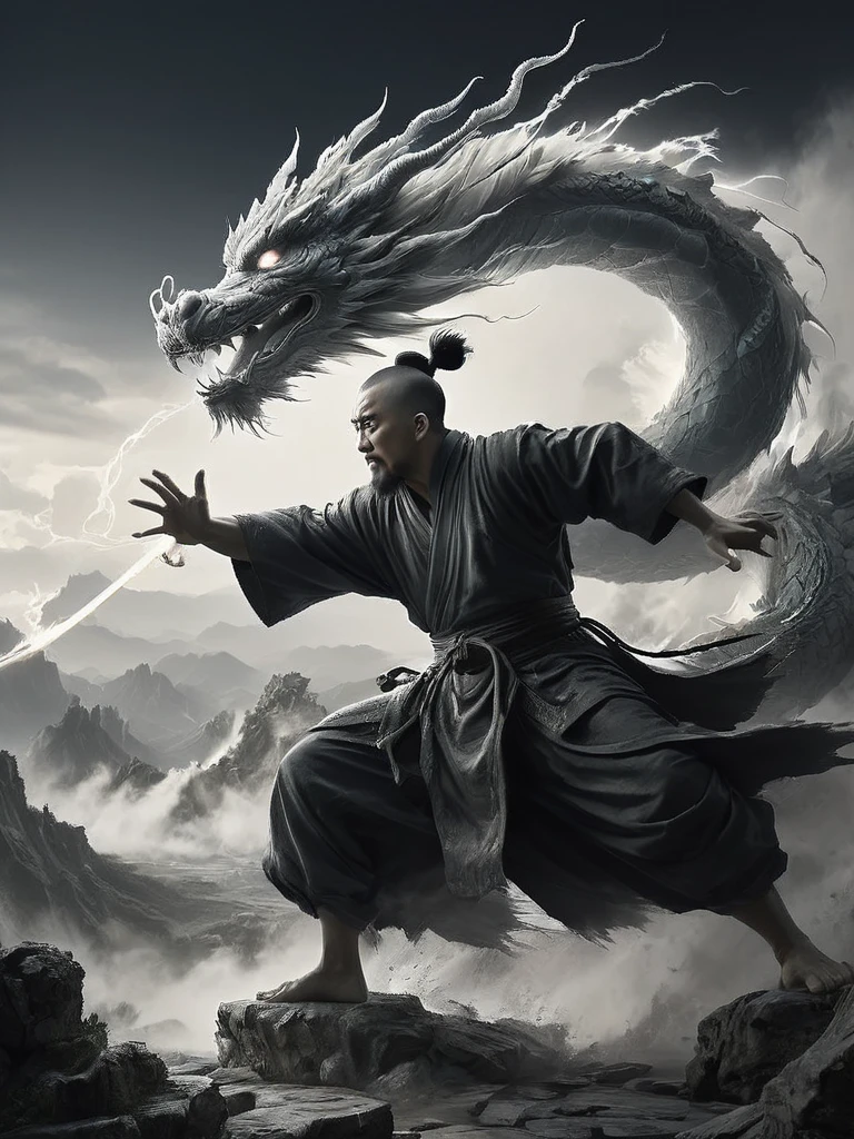 stunning black and white graphite sketch of an warrior monk battling an ancient dragon in China, panoramic shot, from The Lord Of The Rings trilogy, in dynamic pose, by Anna Razumovskay, (by Alyssa Monks:1.1), by Joseph Lorusso, by Lilia Alvarado, beautiful lighting, sharp focus, 8k, high res, (pores:0.1), (sweaty:0.8), Masterpiece, Nikon Z9, Award - winning photograph, --ar 16:9 --style raw --stylize 750 --niji 6, perfect composition, beautiful detailed intricate insanely detailed octane render trending on artstation, 8 k artistic photography, photorealistic concept art, soft natural volumetric lighting, cinematic perfect, wide angle view