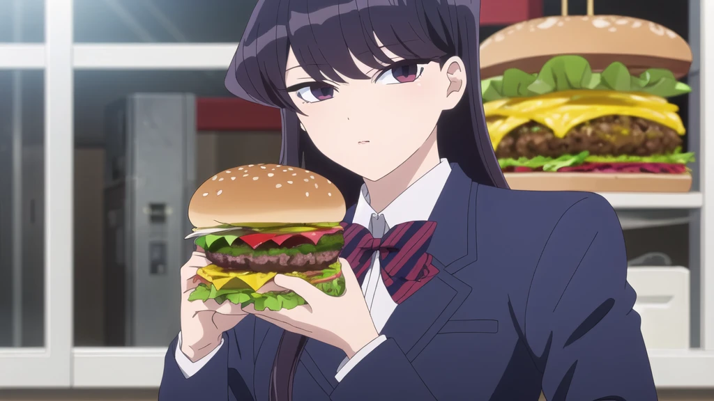  Alone, Upper part of the body, portrait, looking at the viewer, dark blue jacket, striped bow tie, , perfect quality, Good quality, Masterpiece, HDR, UHD, holding a hamburger, offering hamburger to the viewer