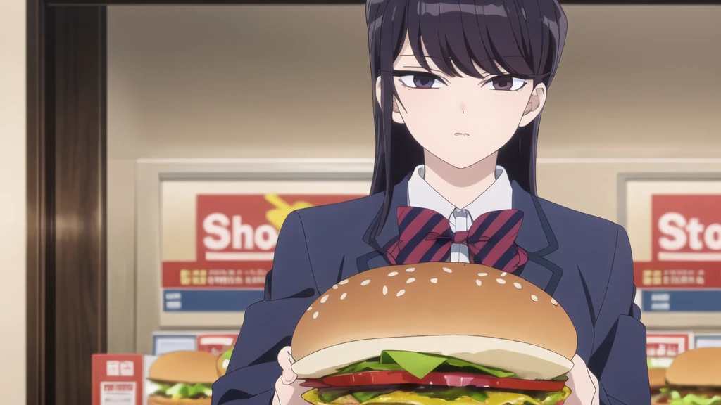  Alone, Upper part of the body, portrait, looking at the viewer, dark blue jacket, striped bow tie, , perfect quality, Good quality, Masterpiece, HDR, UHD, holding a hamburger, offering hamburger to the viewer