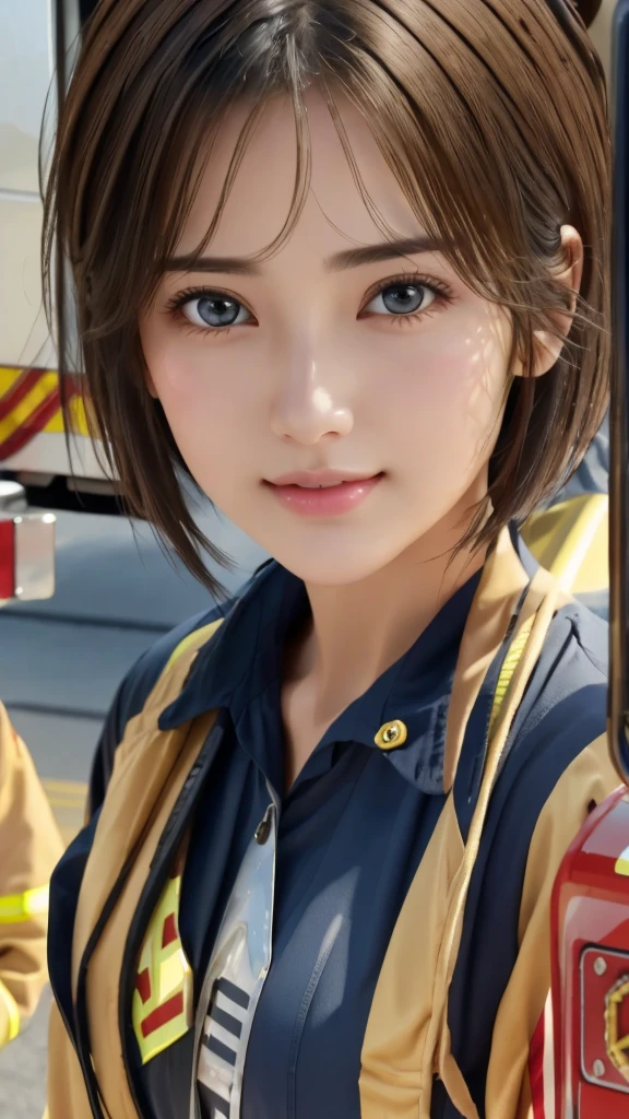 Browsing Caution、16K、Realistic、Highest quality、masterpiece、Ultra-high resolution、RAW Photos、Realistic、Bright lighting、Face Light、Smooth Professional Lighting、Looking into the camera、alone、Adult female、Beautiful woman、Super Beauty、Realistic肌、Moisturized Skin、Realistic eyes and faces、Perfect model body shape、Beautiful Eyes、Big eyes、Inconspicuous tear bags、slim、medium、Very good、Camel Toe、Beautiful fingers、Very short hair、Very black hair、Very dark eyes、Looks happy、((Both ears are hidden by hair))、(Cowboy shot showing the top of the head)、(((Firefighter's)))、Fire Department、train