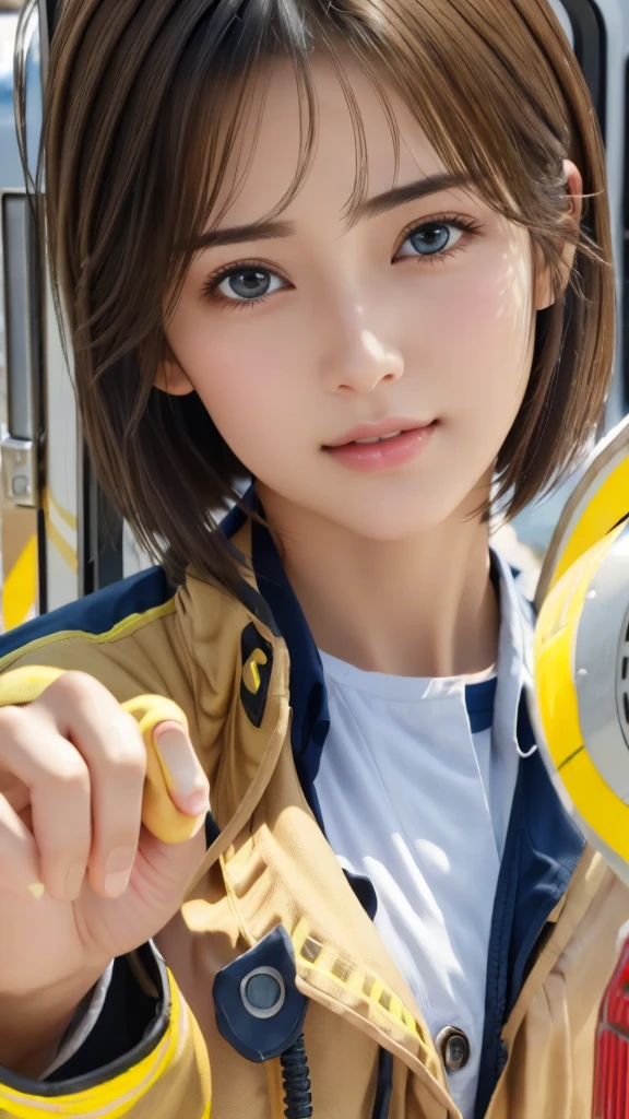 Browsing Caution、16K、Realistic、Highest quality、masterpiece、Ultra-high resolution、RAW Photos、Realistic、Bright lighting、Face Light、Smooth Professional Lighting、Looking into the camera、alone、Adult female、Beautiful woman、Super Beauty、Realistic肌、Moisturized Skin、Realistic eyes and faces、Perfect model body shape、Beautiful Eyes、Big eyes、Inconspicuous tear bags、slim、medium、Very good、Camel Toe、Beautiful fingers、Very short hair、Very black hair、Very dark eyes、Looks happy、((Both ears are hidden by hair))、(Cowboy shot showing the top of the head)、(((Firefighter's)))、Fire Department、train