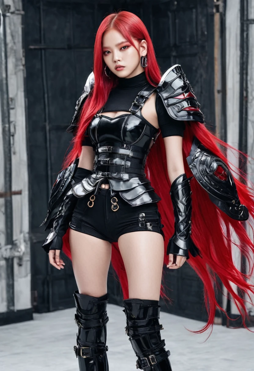 Jennie blackpink in black armor with red, white hair and red eyes full body
