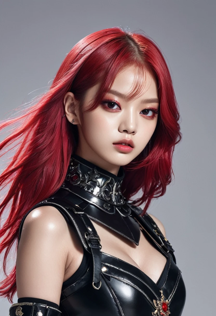 Jennie blackpink in black armor with red, white hair and red eyes full body