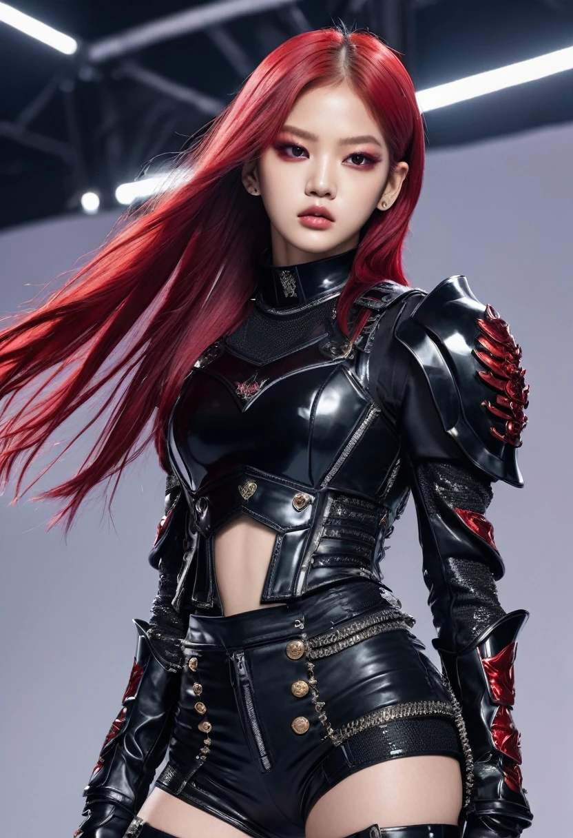 Jennie blackpink in black armor with red, white hair and red eyes full body