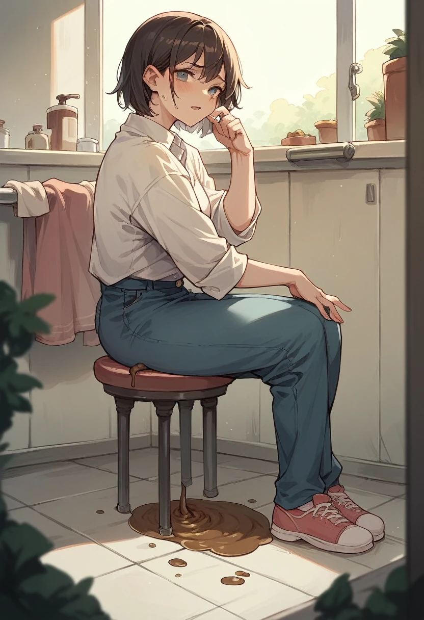 A woman sitting in puddle of shit inside bathrooms