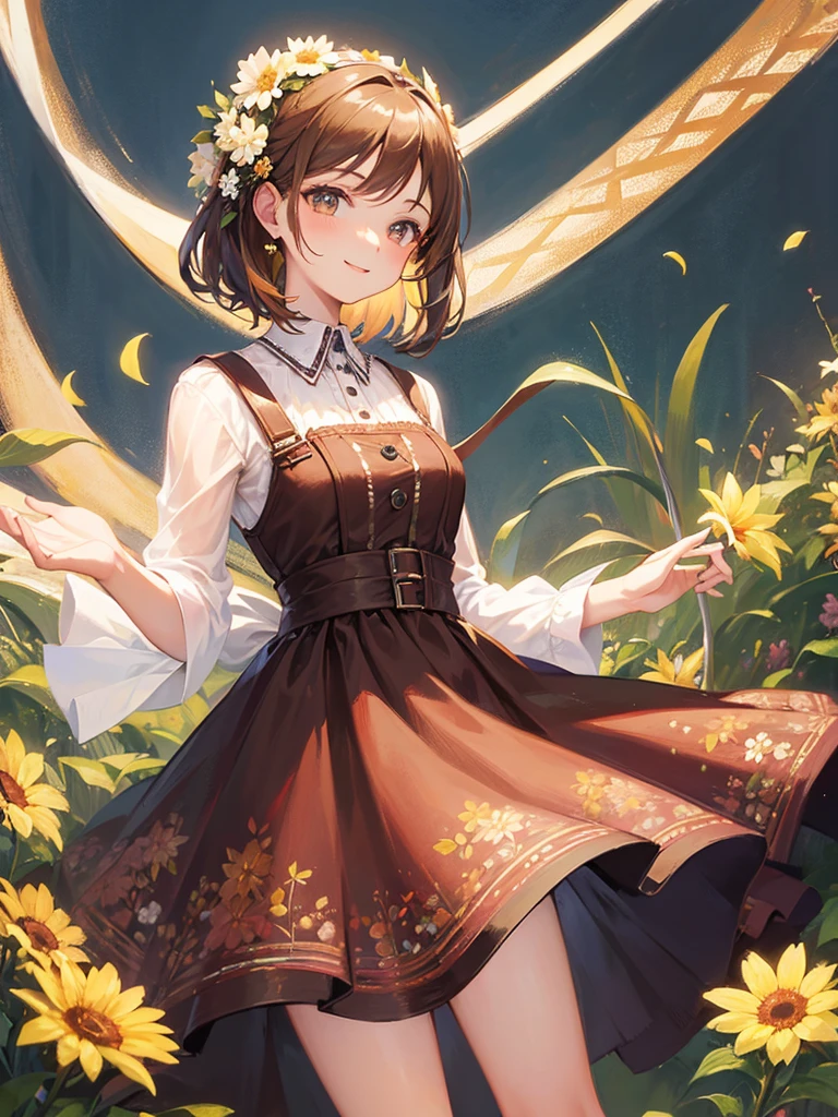 Girl, sunflower fairy, elven ears, fairy wings, beautiful detailed eyes. Eyes mixed with brown and blue. Brown shorthair. Sunflower hair ornament. Tiara. Yellow dress. Fluttering miniskirt. Playing with sunflowers. The depth of field in the photo is perfect, and the lens flare adds a nice touch. Cheerful smile. For this photo the score is definitely over 10. The background is a flower field of sunflowers. Jumping.