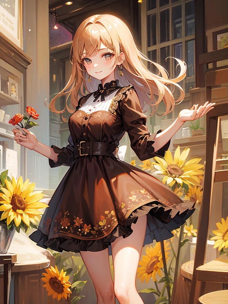 Masterpiece, high quality, A beautiful young woman, She is wearing a short brown dress with a floral pattern, smiling Kindly, slender, perfect face, perfect hands, the background is a bright cafe