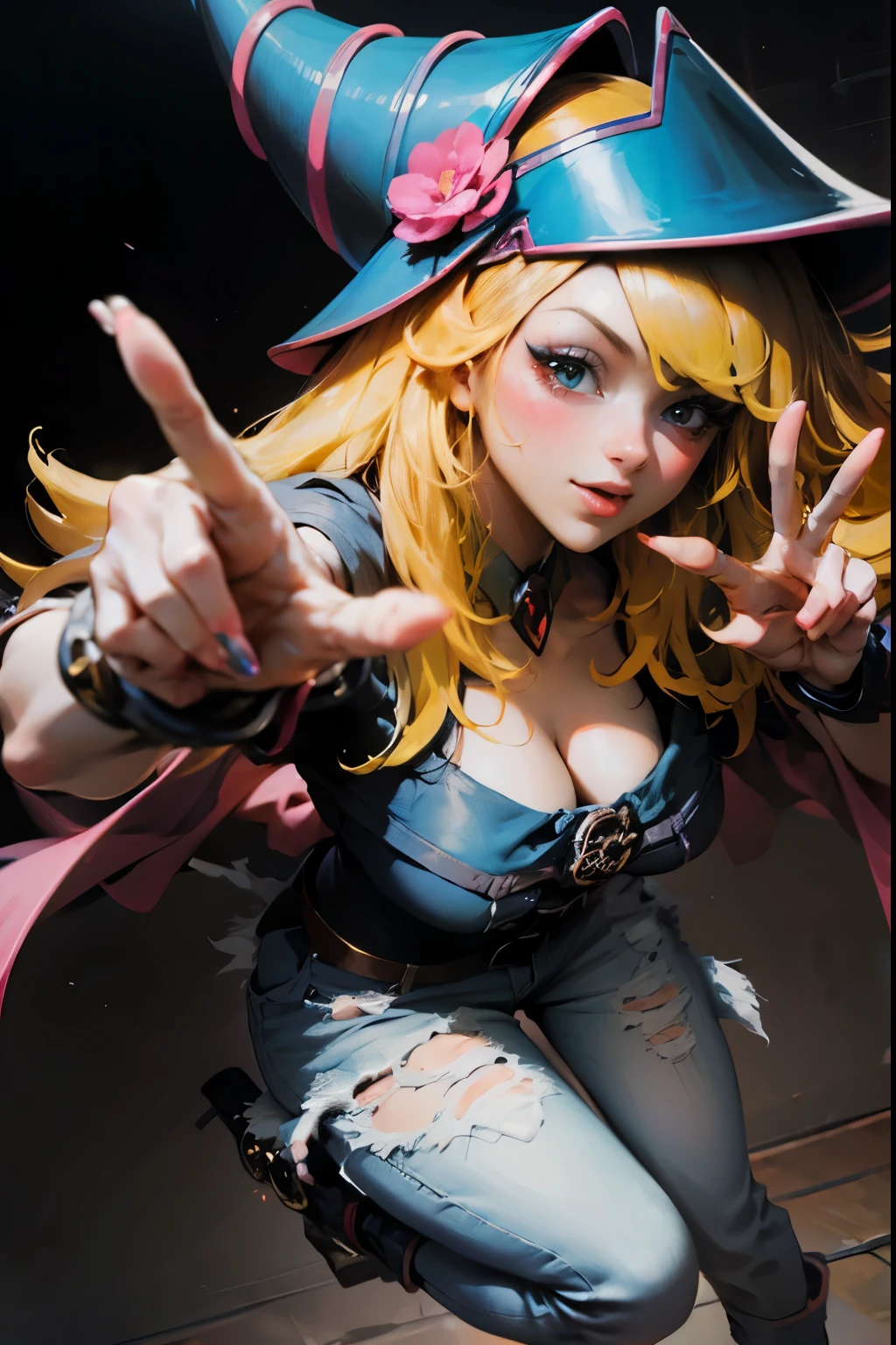 Beautiful dark magician Gils doing the peace and love sign with her fingers. She smiles in a sexy pose while making the peace sign with her hands, smiles and is flirtatious. She is wearing dark, tight jeans and heels