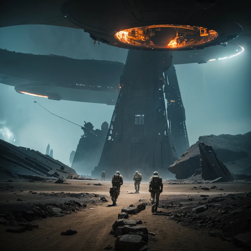 A futuristic soldier team of explorers walks into the distance, walking in the crashed and down Space-ship and gradually disappearing towards the center of the frame, and in the distance there are huge machines looming, wide angle, low saturation, futuristic technology, death stranding style, photography, dessert background
