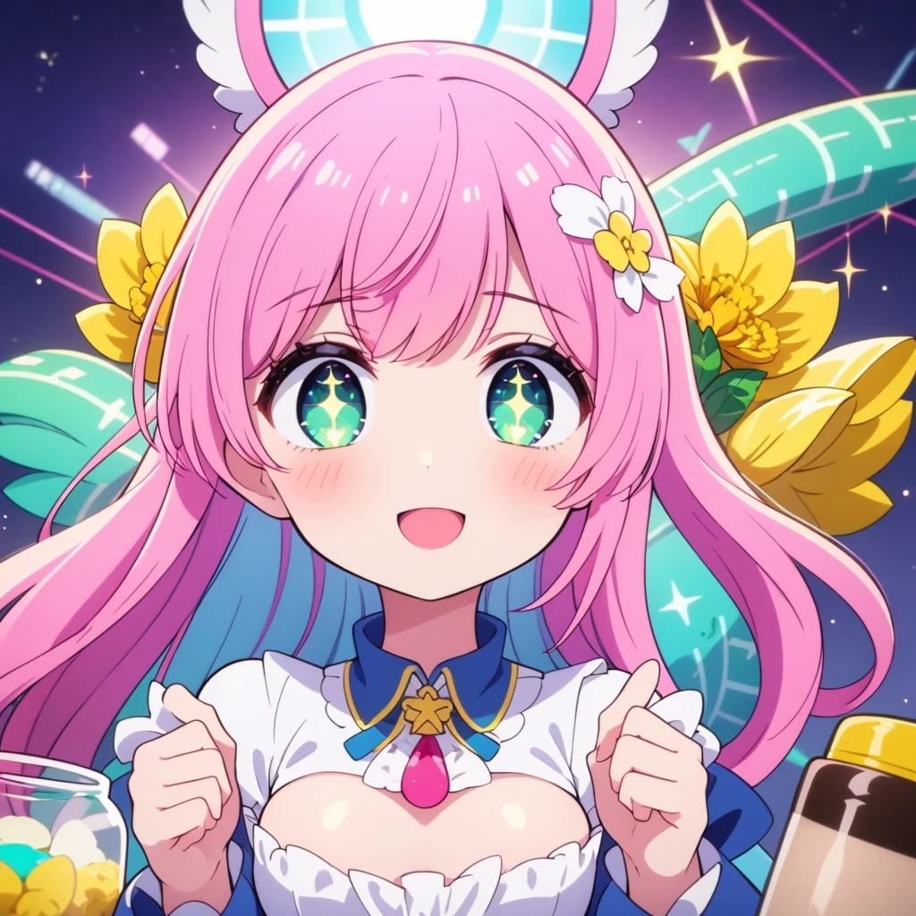 "Generate a highly detailed and vibrant image featuring a young girl with an adult-oriented appeal. She has striking pink hair that cascades down in soft waves. Her face is tilted slightly to the left, and she looks radiant and happy, with her bright green eyes wide open and sparkling with excitement. She is gazing intently at a glass jar filled with colorful capsules and pills, which she holds gently in her hands. The scene should be illuminated with dynamic lighting that highlights her joyful expression and the vivid colors of the capsules. Her skin has a soft, natural glow, and the background should be slightly blurred, ensuring the focus remains on her expressive face and the jar of capsules. The overall style should be polished, with smooth lines, vibrant colors, and intricate details that capture the girl's happiness and the captivating scene. The image should convey a sense of energy, joy, and curiosity, suitable for an adult audience."