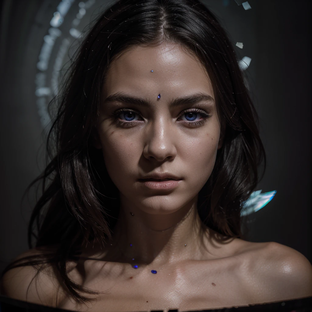 (Masterpiece, Best Quality, ultra detailed, best shadow), (detailed background,dark fantasy), (beautiful detailed face), High contrast, (better lighting, an extremely delicate and beautiful), ((cinematic light)), showy, hyper detail, dramatic light, intricate details, (1 girl, Alone,by white, sharp face,purple eyes, hair between the eyes,dynamic angle), blood splash, black light swirling around the character, depth of field,black light particles,(broken glass),magic circle, naked