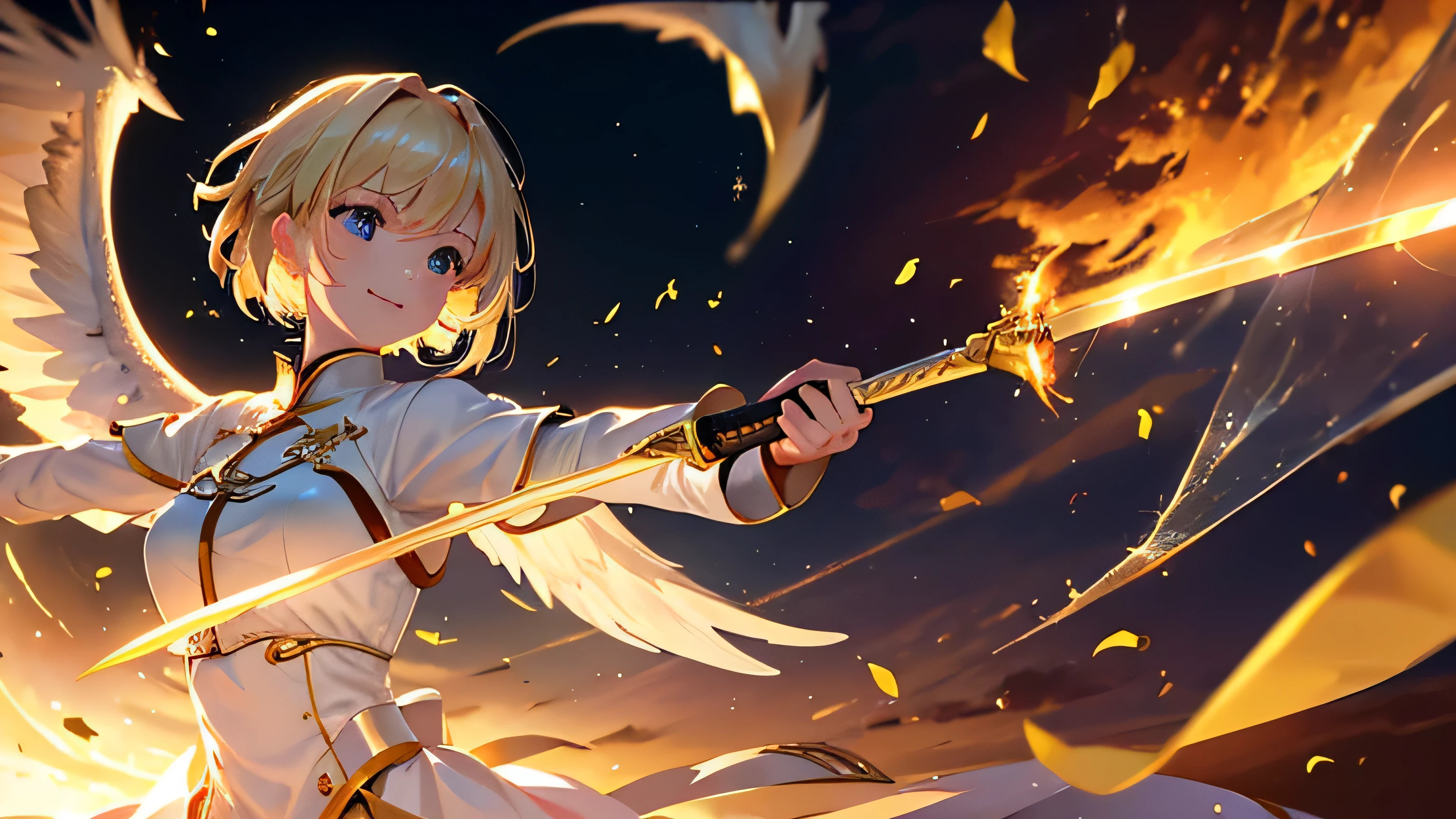 {Masterpiece、Highest quality、8K resolution、Ultra fine、Sharp focus、Depth of written boundary、Cinematic Lighting、Realistic Shadows}、Angel girl holding a sword、Angel Wings、Golden flames around the sword、Blonde、short hair、looking at the camera、White angel clothes、、Top left patch、smile