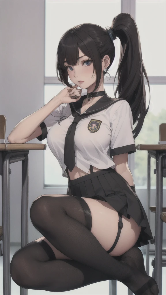 ((Correct Anatomy))、(Female student)、((school uniform))、((Short sleeve))、(Mini Pleated Skirt),(((Black Stockings))),((garter belt)),((School classroom)),Ultra-high resolution,Mature Woman, Mature Woman, Very detailed,Sunburned skin,Brown Skin, (Big Breasts),((Beautiful feet)),Perfect hands, Detailed fingers, Beautiful details, ((Long Hair)),((ponytail)),Black Choker, Earrings,Perfect Eyes, Captivating eyes