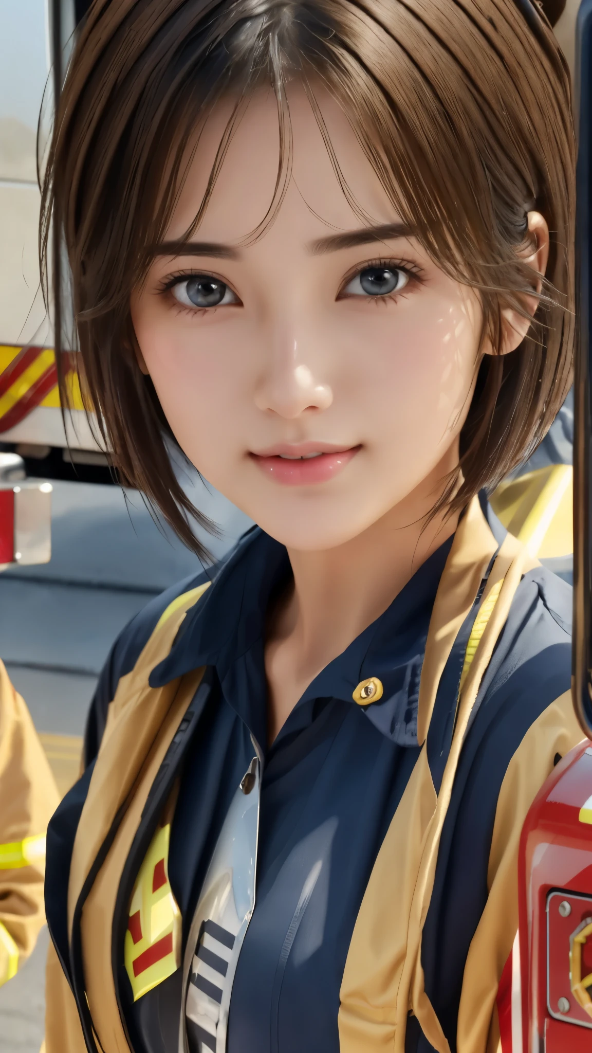 Browsing Caution、16K、Realistic、Highest quality、masterpiece、Ultra-high resolution、RAW Photos、Realistic、Bright lighting、Face Light、Smooth Professional Lighting、Looking into the camera、alone、Adult female、Beautiful woman、Super Beauty、Realistic肌、Moisturized Skin、Realistic eyes and faces、Perfect model body shape、Beautiful Eyes、Big eyes、Inconspicuous tear bags、slim、medium、Very good、Camel Toe、Beautiful fingers、Very short hair、Very black hair、Very dark eyes、Looks happy、((Both ears are hidden by hair))、(Cowboy shot showing the top of the head)、(((Firefighter's)))、Fire Department、train