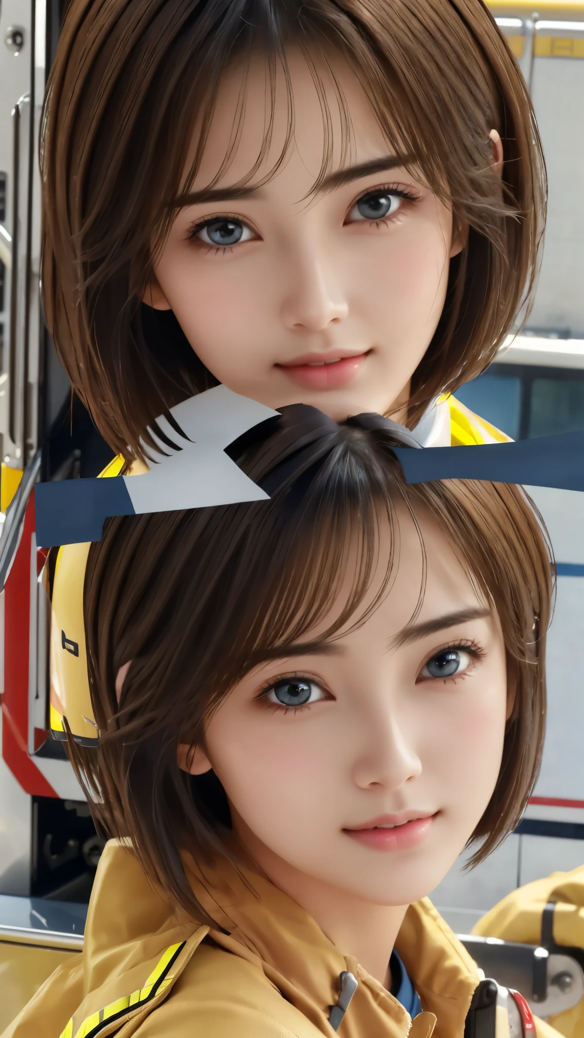 Browsing Caution、16K、Realistic、Highest quality、masterpiece、Ultra-high resolution、RAW Photos、Realistic、Bright lighting、Face Light、Smooth Professional Lighting、Looking into the camera、alone、Adult female、Beautiful woman、Super Beauty、Realistic肌、Moisturized Skin、Realistic eyes and faces、Perfect model body shape、Beautiful Eyes、Big eyes、Inconspicuous tear bags、slim、medium、Very good、Camel Toe、Beautiful fingers、Very short hair、Very black hair、Very dark eyes、Looks happy、((Both ears are hidden by hair))、（Cowboy shot showing the top of the head）、(((Firefighter's)))、Fire Department、train