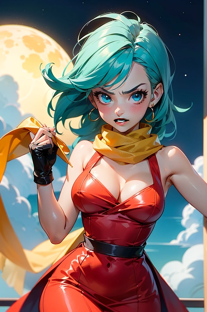 Waifu, masterpiece, curvy, breasts, moon, full moon, gloves, 1girl, clenched teeth, bulma, cleavage, large breasts, teeth, aqua hair, ((small yellow scarf:1.2)), blue eyes, rating:explicit,rule34, hardcore, ,clenched hands, night, sky, ((red dress:1.4)), bare shoulders, blue hair, clenched hand, rating:questionable, (((hairtype 4C:1.5))), solo, angry, lip biting(gigantic and massive tits:1.1), breasts, official illustration, illustration, detailed face, beautiful intricate eyes, curvy milf, 1:2), closeup, titsnipples