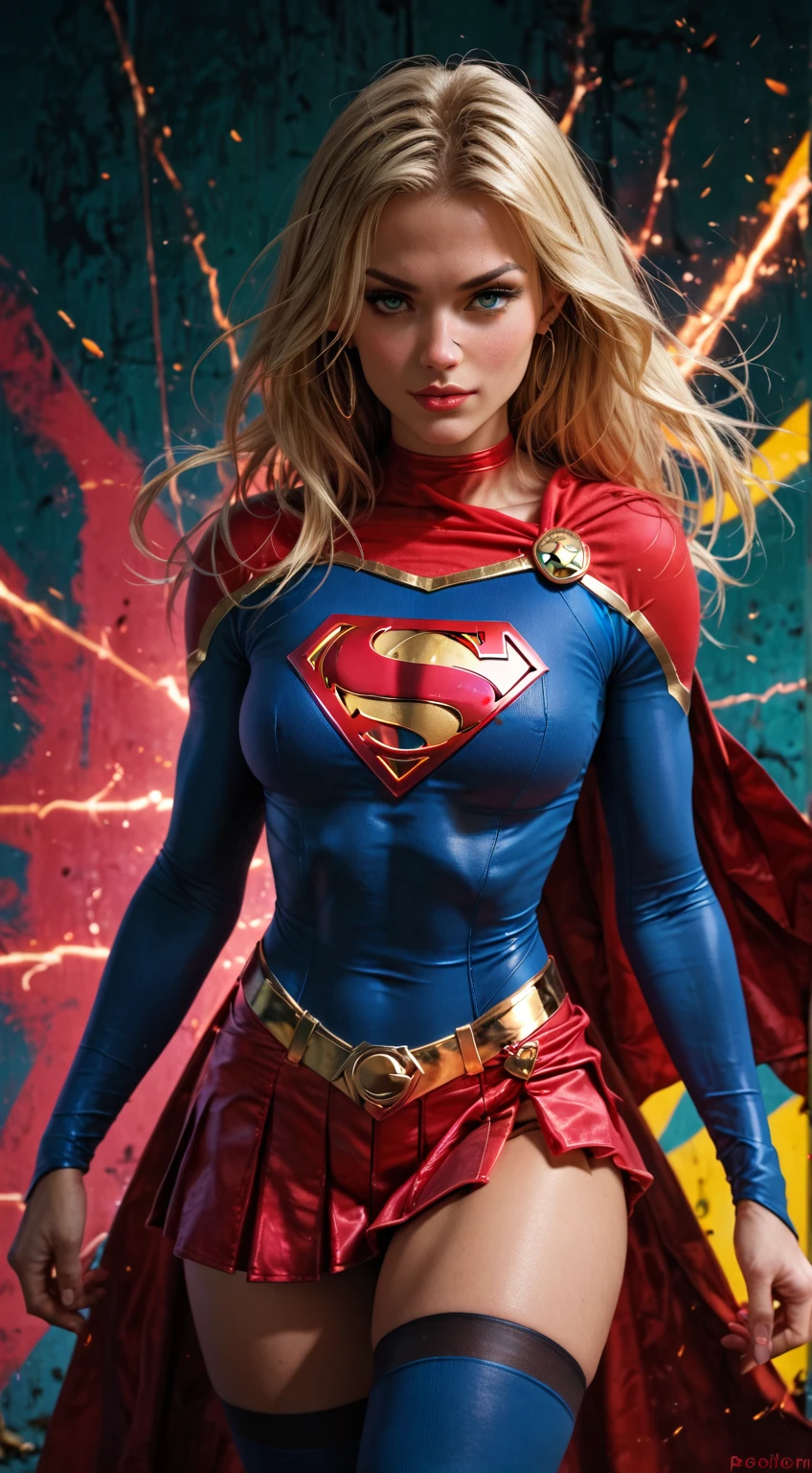 score_9,score_8_up,score_7_up,score_6_up, 1 girl, 20 years old, perfect beautiful girl, Supergirl DC comics, blonde, micro skirt, sexy pose,