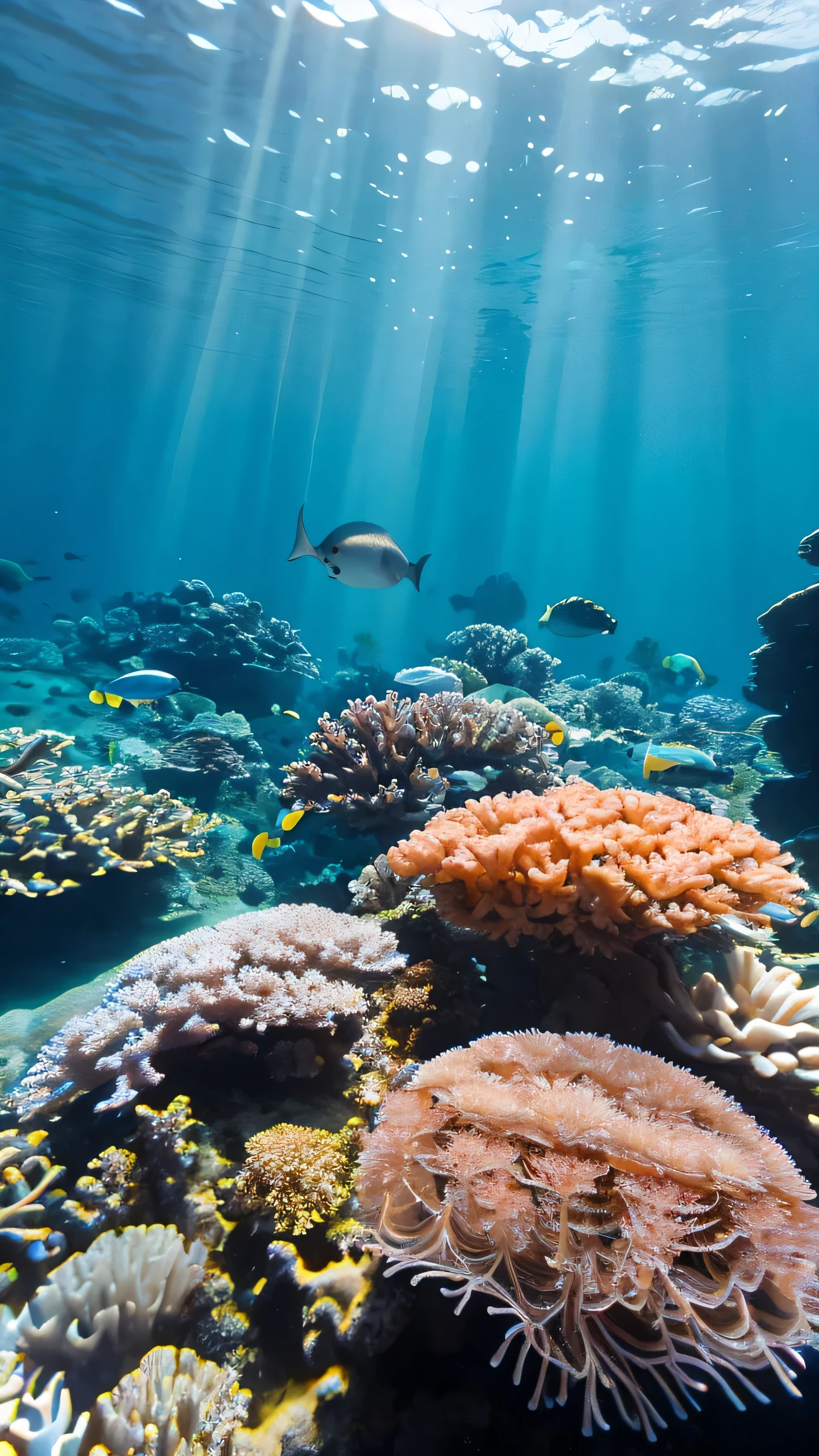 (Coral Reef,School of fish,jellyfish),Transparent fog,Hemispherical,Looking down from the sky,Fantastic,Artistically,Beach sand background
