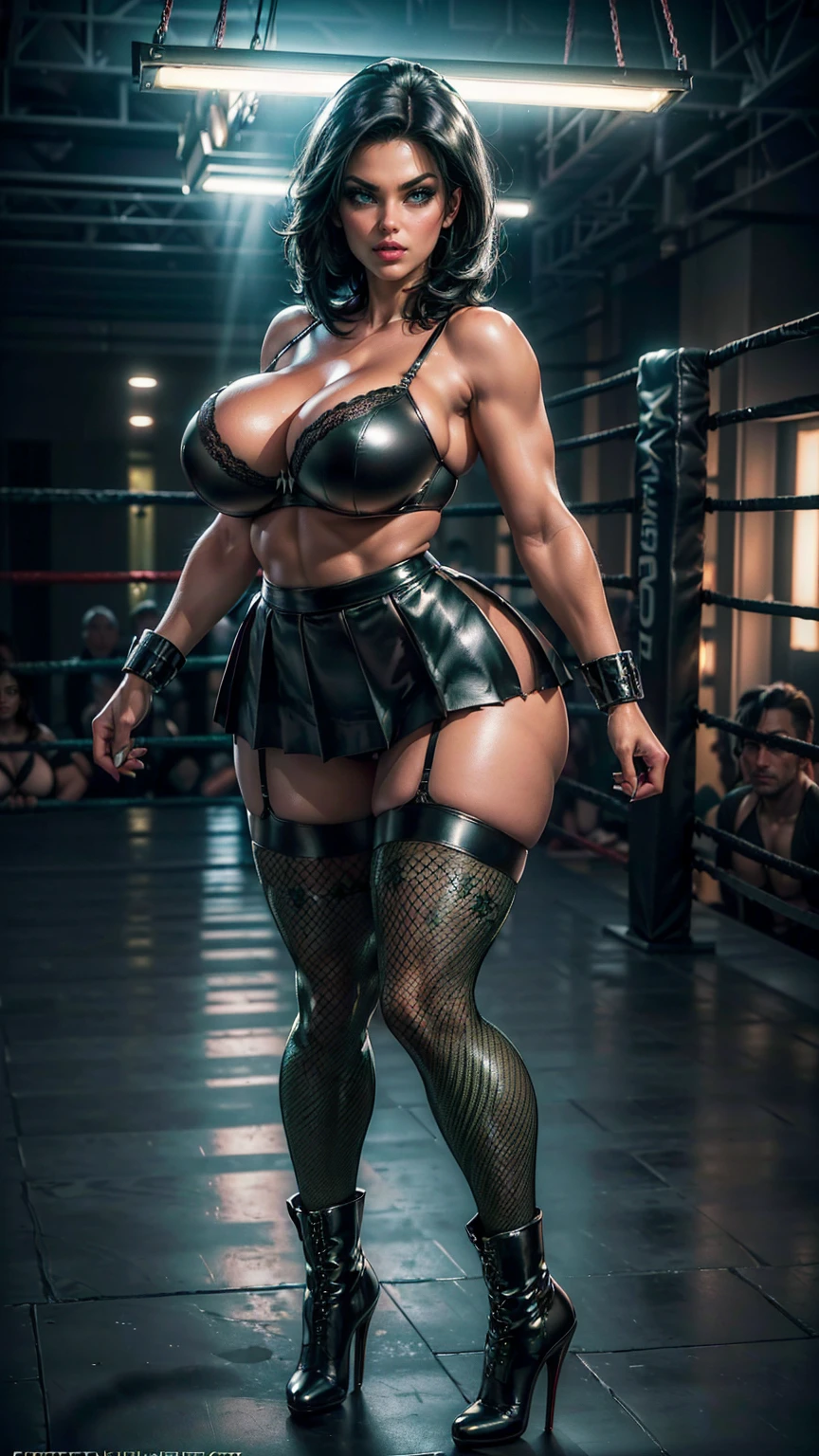 (best quality,highres:1.2), (ultra-detailed), (realistic:1.37), (HDR,UHD), (physically-based rendering), (busty mature Denise Milani), beautiful supermodel face, ((black leather pleated skirt:1.3)), ((black leather bra:1.3)), ((short stiletto-heeled combat boots)), ((short, straight jet-black hair:1.4)), ((firm breasts, deep cleavage, perfectly round breasts)), ((thicc, thick thighs:1.5)), ((beautiful large green eyes):1.3), (intimidating pose in a boxing ring), (full-body portrait), (vivid colors), (fishnet stockings, thighhigh fishnet stockings:1.3), (hot red lips, makeup:1.3), sexy fighter, prominent breasts, rock solid breasts, (full body portrait:1.3), big_boltedontits, boltedontits, th3p1t, sakimichan,