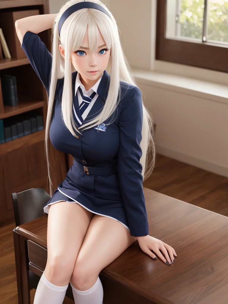 Realistic, Solo, Perfect Detail Face, Detailed Blue Eyes, Very Detailed, Blushing, Hair Ornament, Chignon Mahogany Hair, (white Hair ,Shikinami Asuka Langley, thin beautiful legs, large breasts, young face, pretty eyes, black background, school teacher uniform, thigh high socks, sexy pose