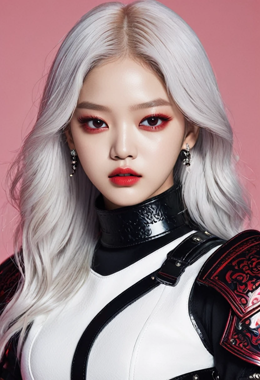 Jennie blackpink with white hair and red eyes, black armor with red full body