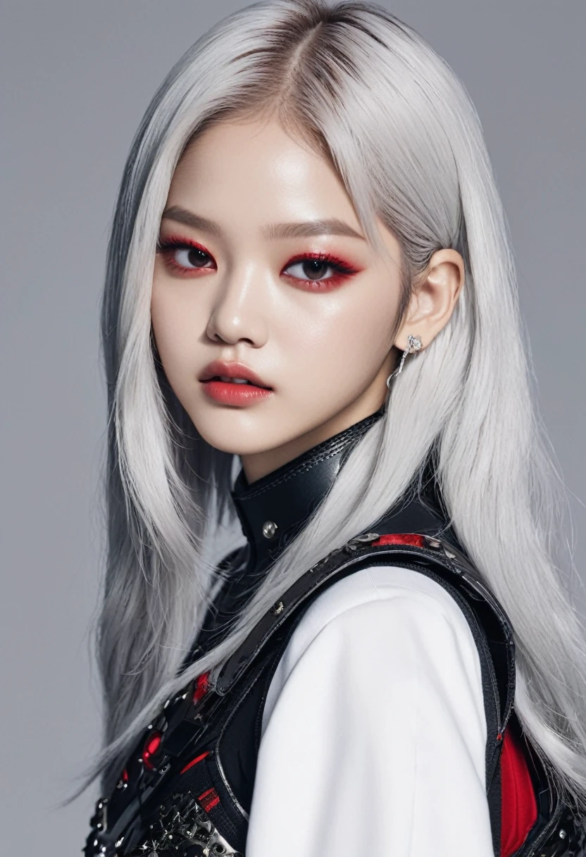 Jennie blackpink with white hair and red eyes, black armor with red full body