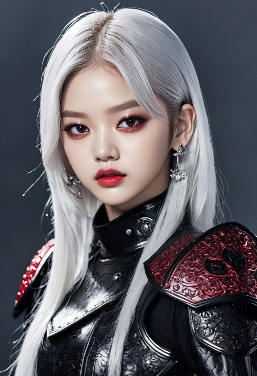 Jennie blackpink with white hair and red eyes, black armor with red full body