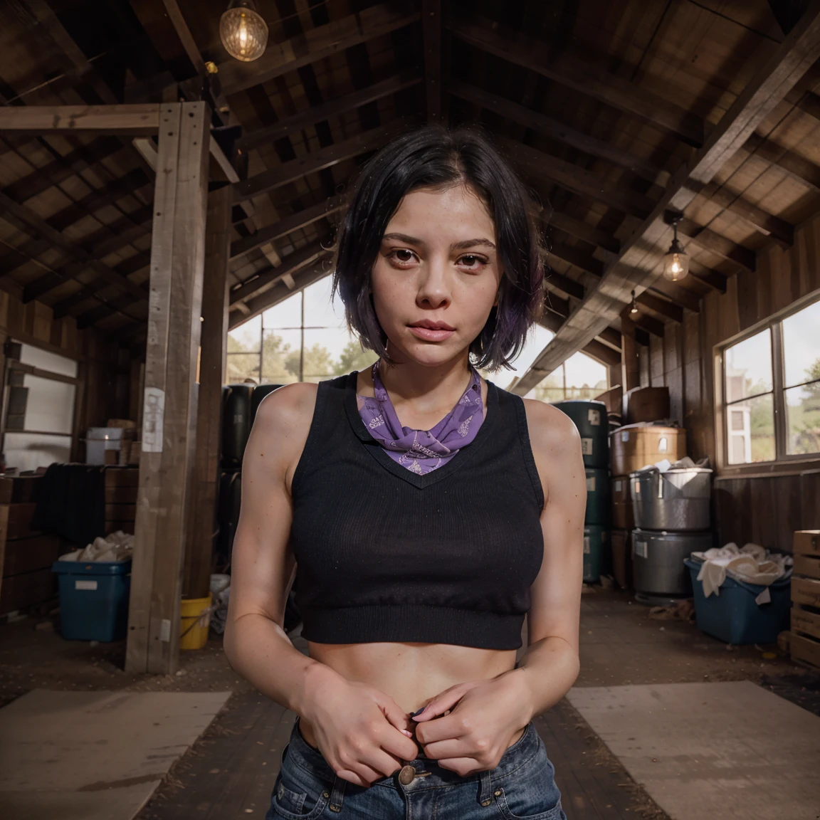 mia goth, purple movie, wearing bandana, farmer blue unifrom, medium shot, black hair, short hair, black eyes, in a barn with stacks