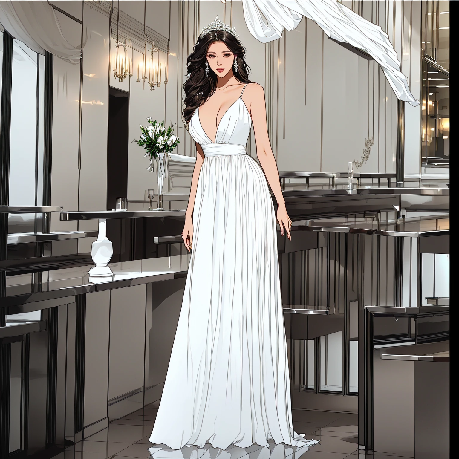 araffe woman in a white dress standing in a restaurant, white gown, sexy gown, long white dress, wearing long gown, full body white dress, in a long white dress, wearing white dress, elegant white dress, wearing a white flowing dress, wearing an evening gown, wearing an elegant dress, beautiful long white dress, wearing along white dress