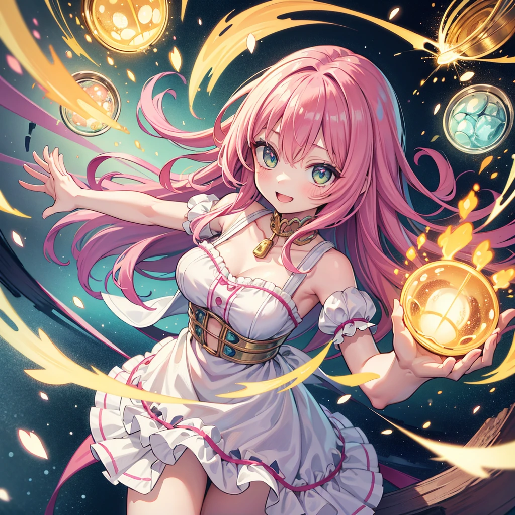 "Generate a highly detailed and vibrant image featuring a young girl with an adult-oriented appeal. She has striking pink hair that cascades down in soft waves. Her face is tilted slightly to the left, and she looks radiant and happy, with her bright green eyes wide open and sparkling with excitement. She is gazing intently at a glass jar filled with colorful capsules and pills, which she holds gently in her hands. The scene should be illuminated with dynamic lighting that highlights her joyful expression and the vivid colors of the capsules. Her skin has a soft, natural glow, and the background should be slightly blurred, ensuring the focus remains on her expressive face and the jar of capsules. The overall style should be polished, with smooth lines, vibrant colors, and intricate details that capture the girl's happiness and the captivating scene. The image should convey a sense of energy, joy, and curiosity, suitable for an adult audience."