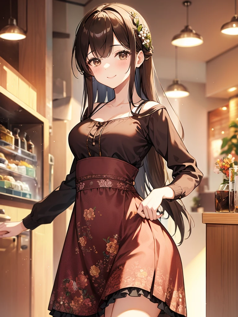 Masterpiece, high quality, A beautiful young woman, She is wearing a short brown dress with a floral pattern, smiling Kindly, slender, perfect face, perfect hands, the background is a bright cafe