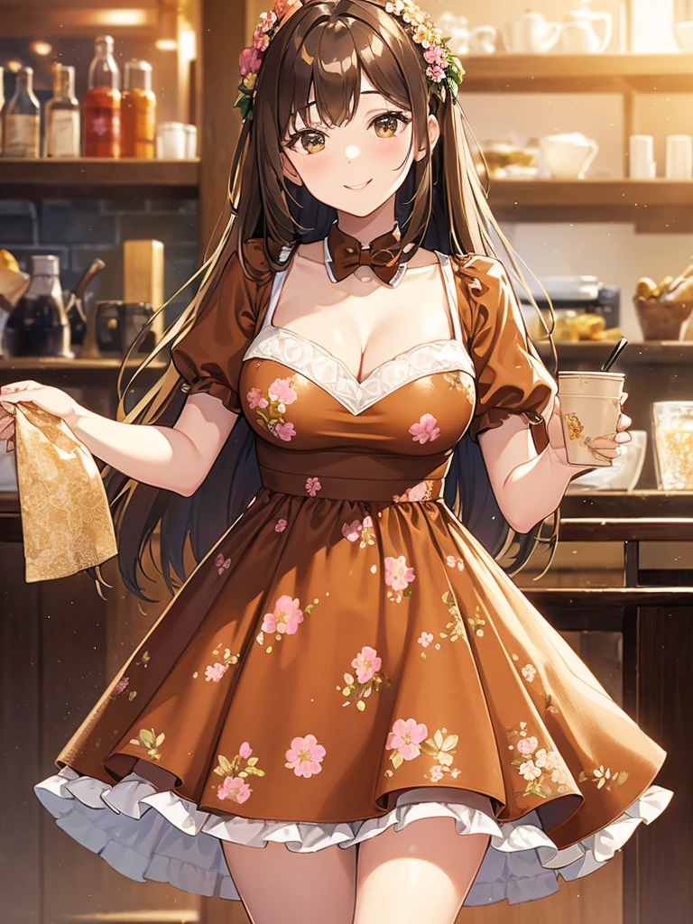 Masterpiece, high quality, A beautiful young woman, She is wearing a short brown dress with a floral pattern, smiling Kindly, slender,  perfect face, perfect hands, the background is a bright cafe