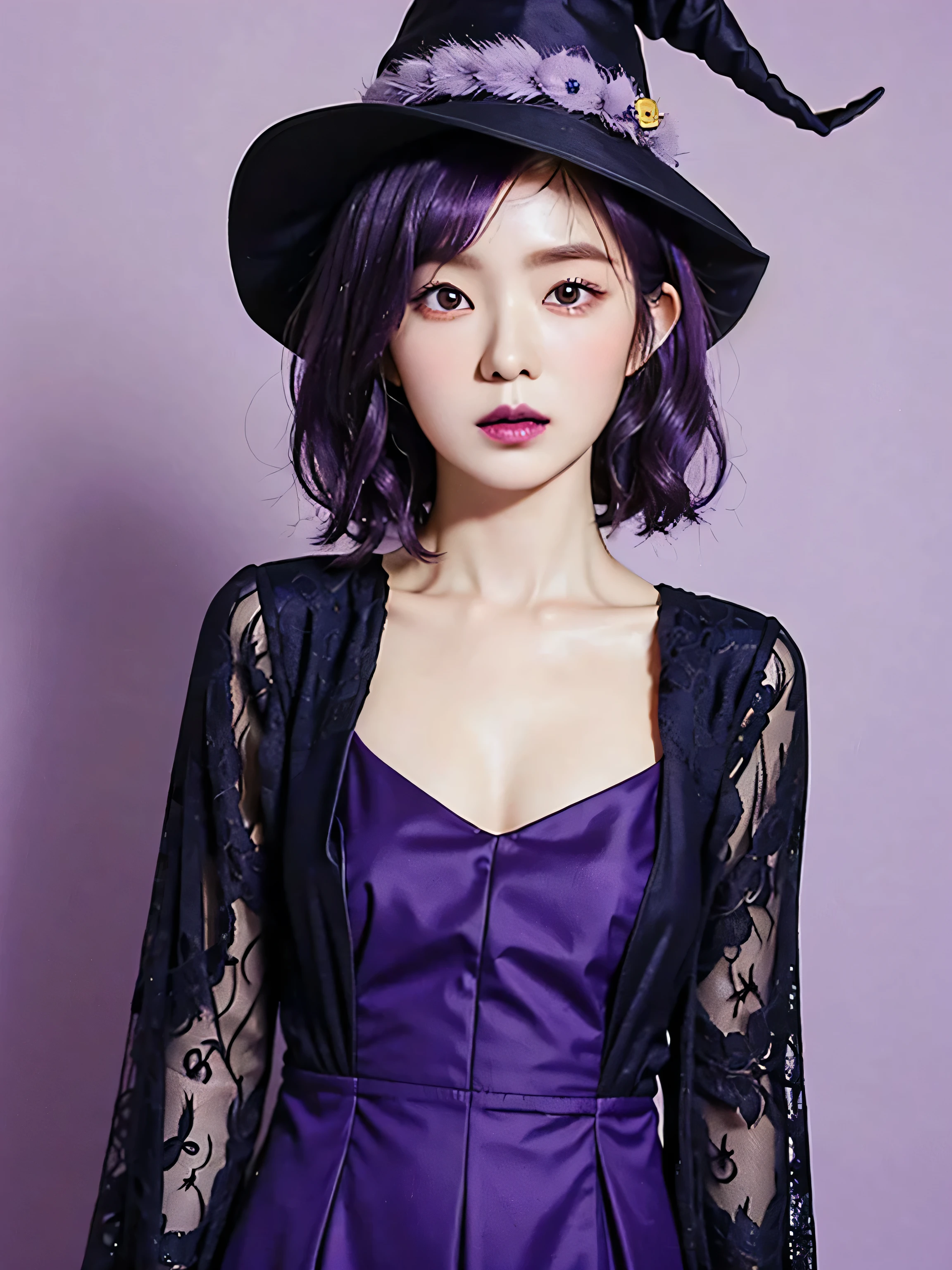 1girl, Asian girl, portrait, purple hair, short hair, curly hair with a fringe, witch hat, witch dress, purple lips, purple background