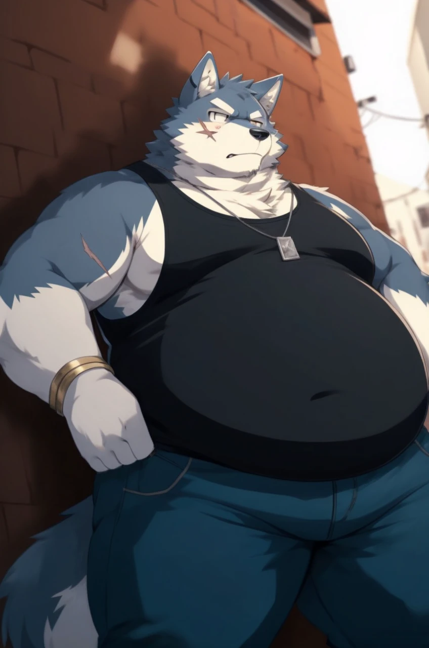 sketch of anthro overweight wolf with big round belly stands in an urban alleyway. serious expression is marked by a small scar on his cheek. He sports a black tank top, blue jeans, and a dog tag necklace, digital art, anime stylish style, kemono art, e621, pixiv, cartoonish