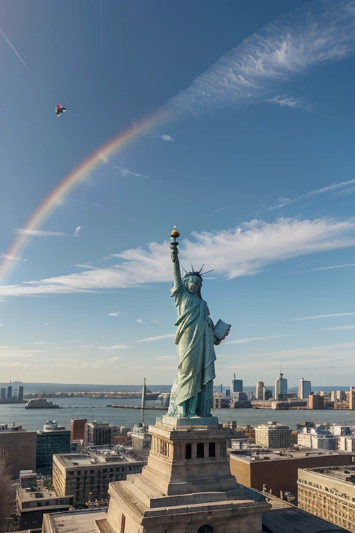 for a job, make a painting that shows that it is paper paint, of the work of freedom leading the people, and up in the sky these little-noticed things: the statue of liberties, lgbt flags, study and work