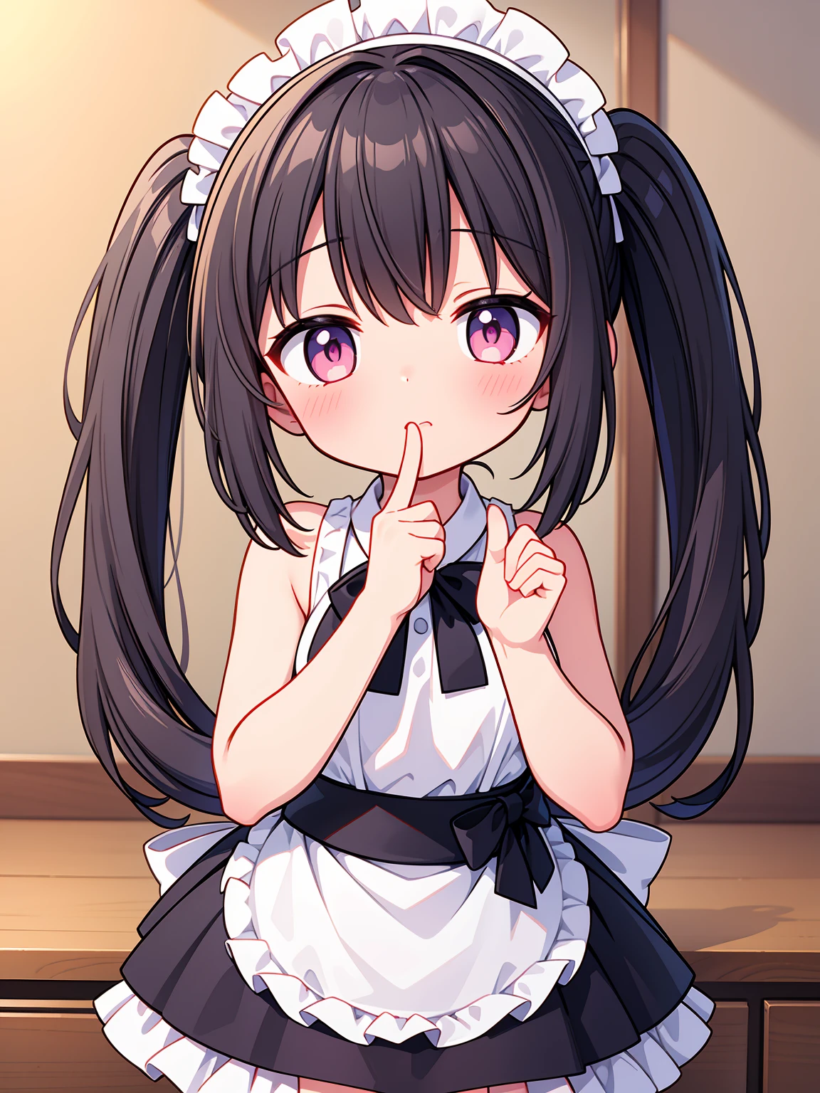 (8K, Highest image quality, highest quality, masterpiece), detailed face, (( girl)), (little lolive) , black hair, short twintails, pink eyes, small breasts, naked apron, cowboy shot, put your hand on your mouth, kitchen background, ((very blushing)), ((detailed hands and fingers)), viewer perspective from below, (very blushing), apron only, (rest of the naked body)