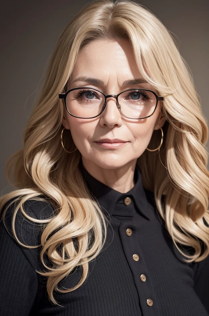 Woman with wavy, dark blonde hair, wears glasses and is 70 years old