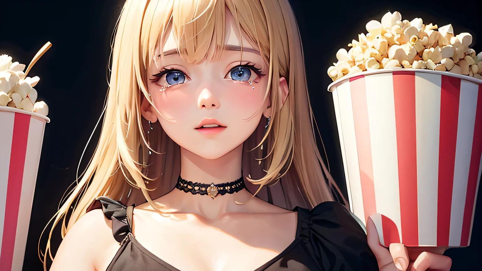 ((Highest quality)), ((masterpiece)), (detailed), One girl, movie theatre、Tears、blonde、Smooth Hair、Popcorn、