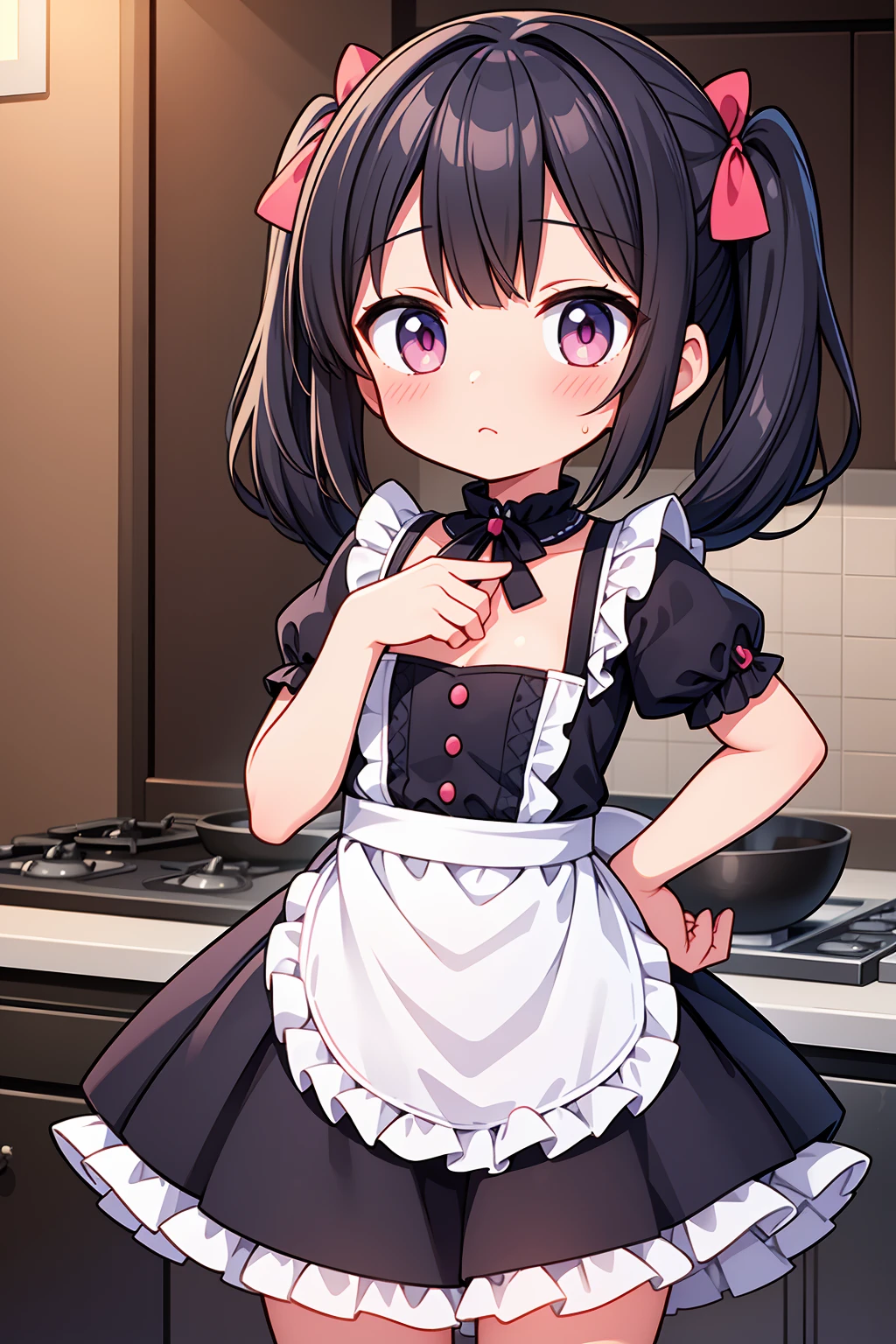 (8K, Highest image quality, highest quality, masterpiece), detailed face, ((loli girl)), (little loli curve) , black hair, short twintails, pink eyes, small breasts, naked apron, cowboy shot, put your hand on your mouth, kitchen background, ((very blushing)), ((detailed hands and fingers)), viewer perspective from below, (very blushing), apron only, (rest of the naked body)