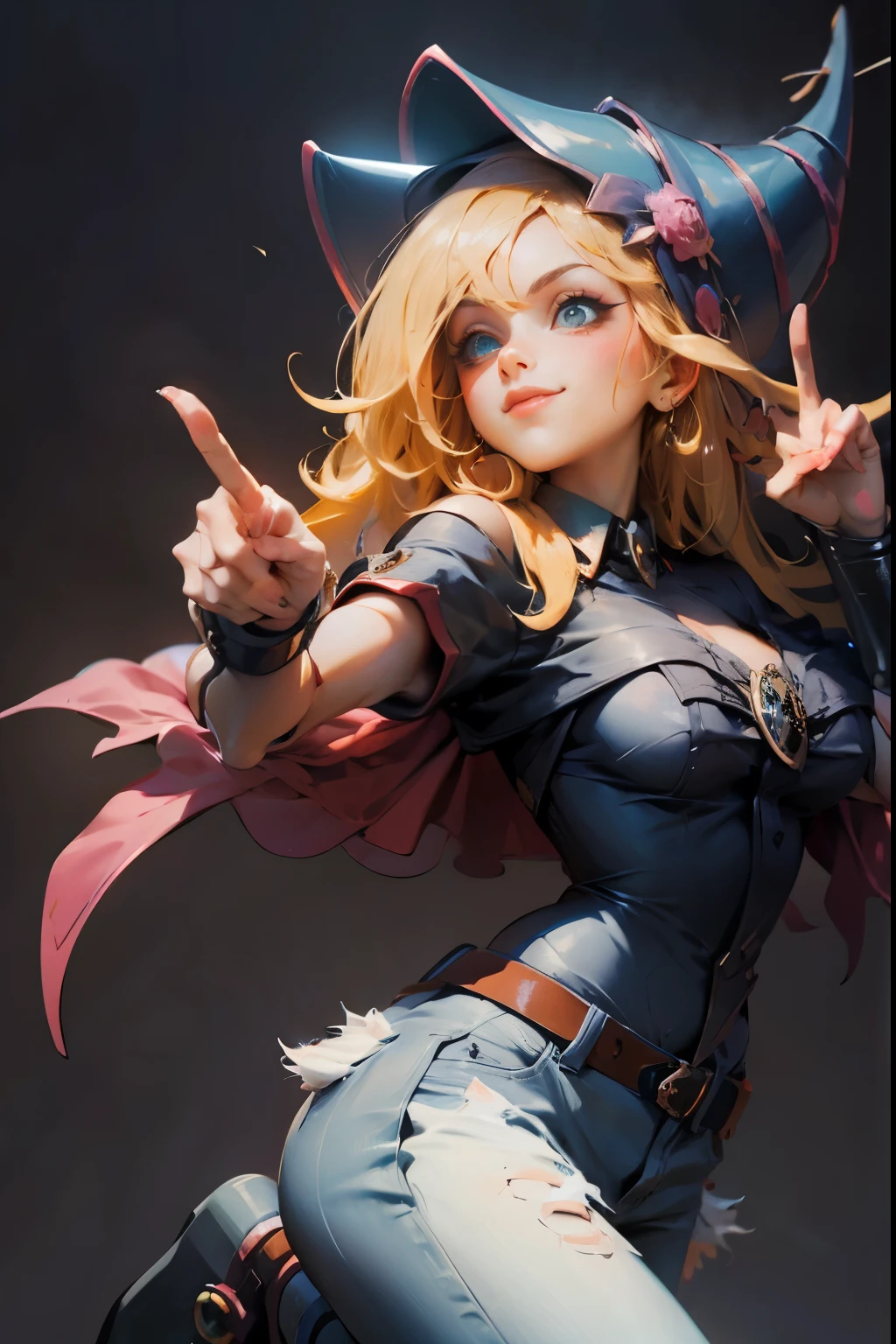 Beautiful dark magician Gils doing the peace and love sign with her fingers. She smiles in a sexy pose while making the peace sign with her hands, smiles and is flirtatious. She is wearing dark, tight jeans and heels