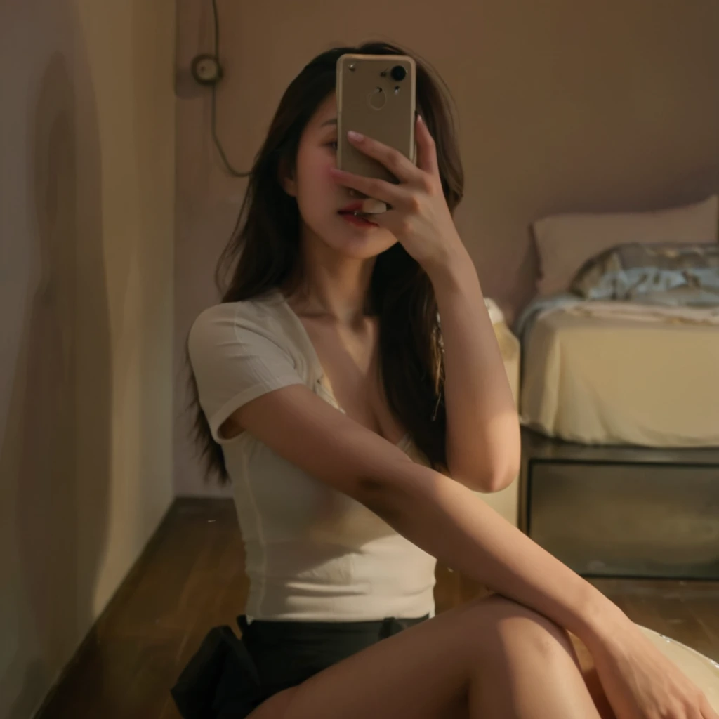 a sensual asian woman with messy long hair taking a selfie in the mirror, detailed face with beautiful eyes, nose and lips, intricate skin texture, indoor environment, best quality, photorealistic, masterpiece, ultra-detailed, studio lighting, world class theater