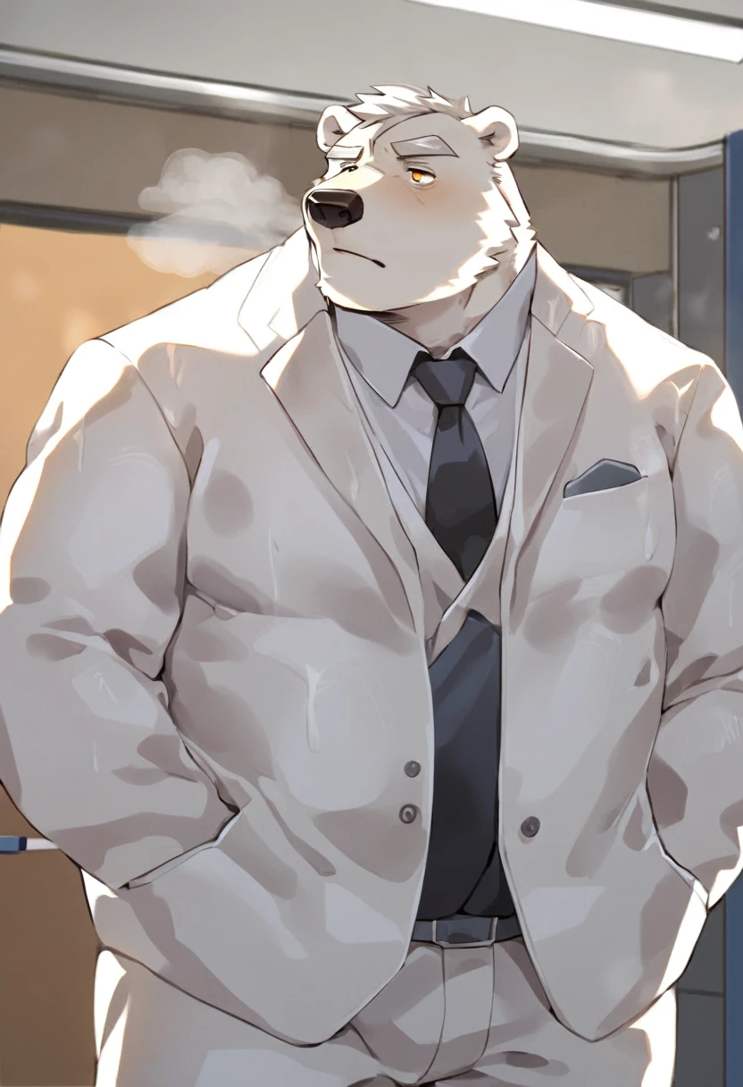 polar bear,personification,Mature male,Strong Man,White hair,naked,Cold expression,Golden pupils,Gray eyebrows,White suit suit,Hands in pockets,The Age of Steam,Hospital Office。