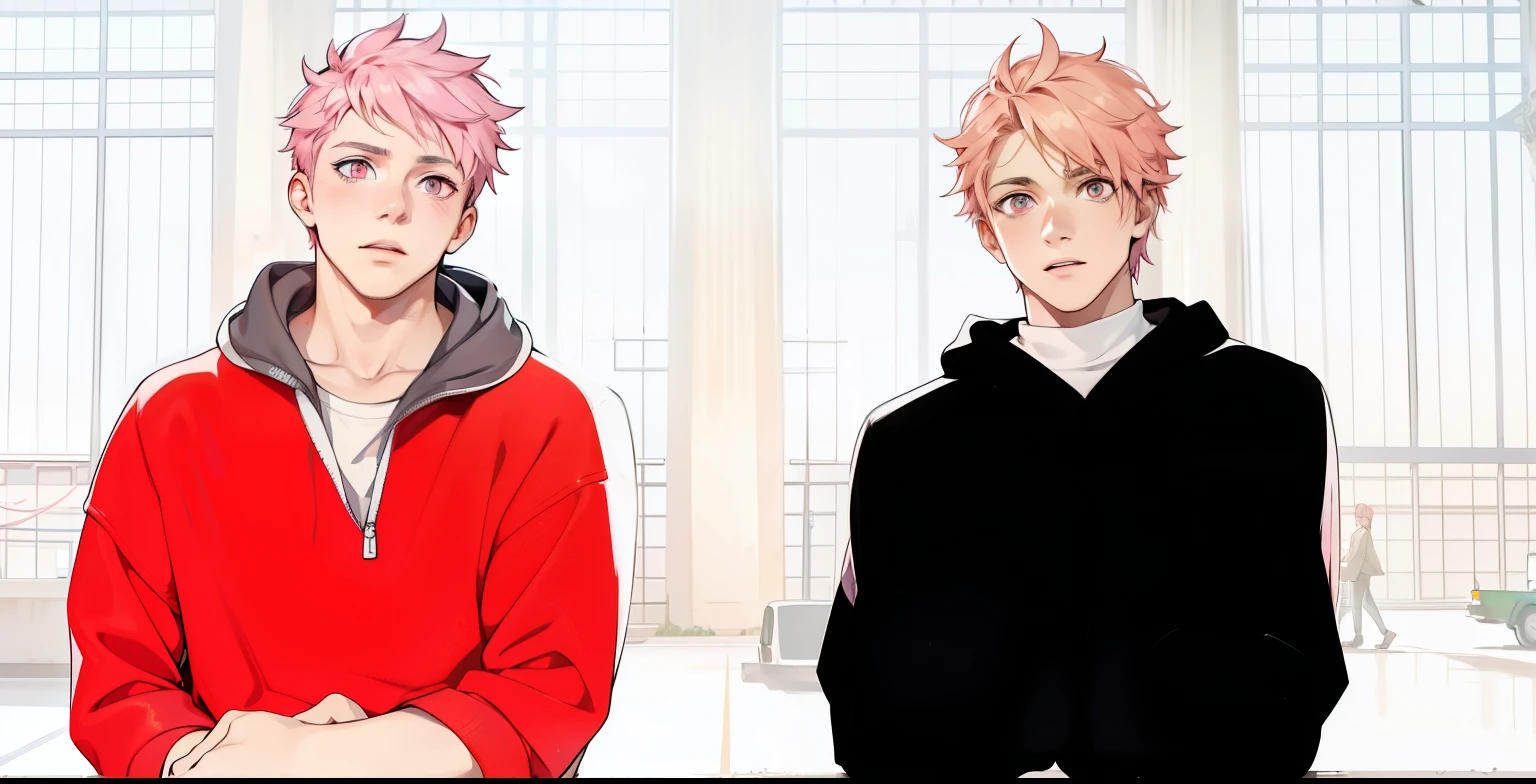 two boys with pink hair, pink eyes, they are 18 years old, in the background you can see the avenue with vehicles passing by.